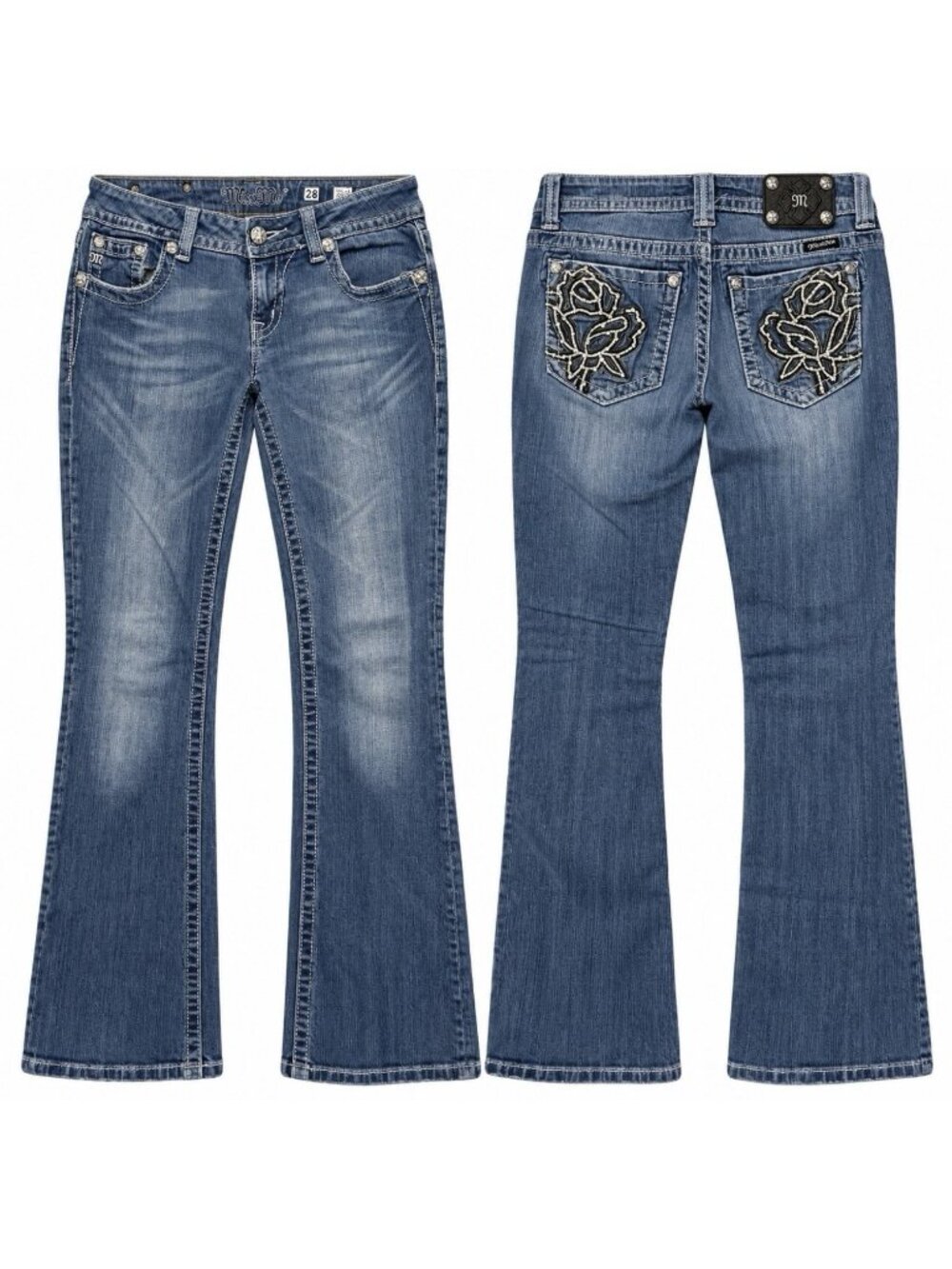 Miss Me Bootcut Blue Jean Size 28 Low Rise Sequin Bling Rose Back Pocket